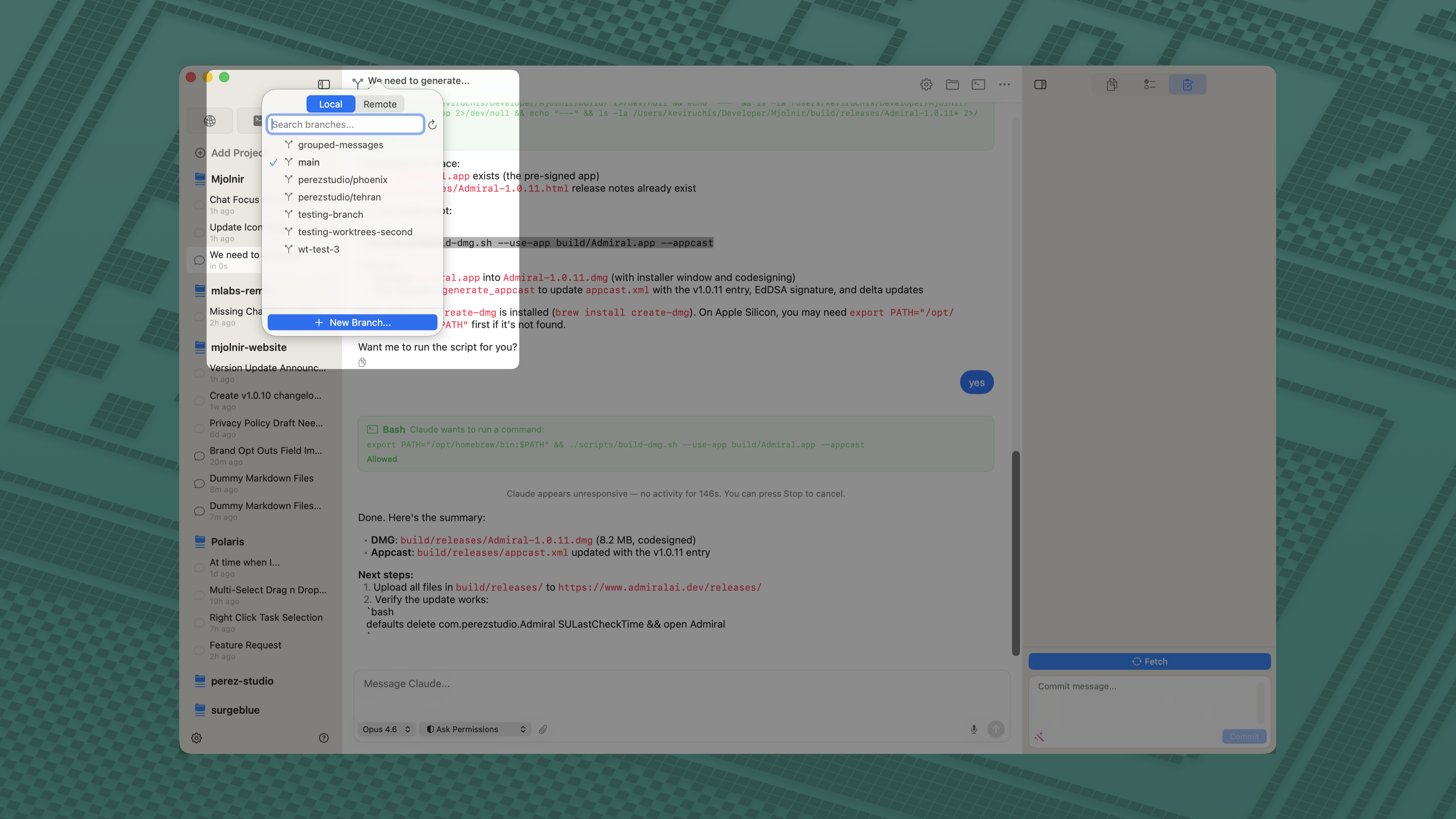 Branch picker with local and remote tabs
