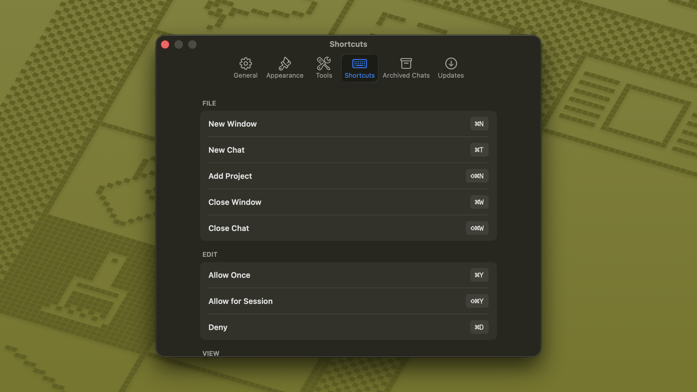 Keyboard shortcuts settings