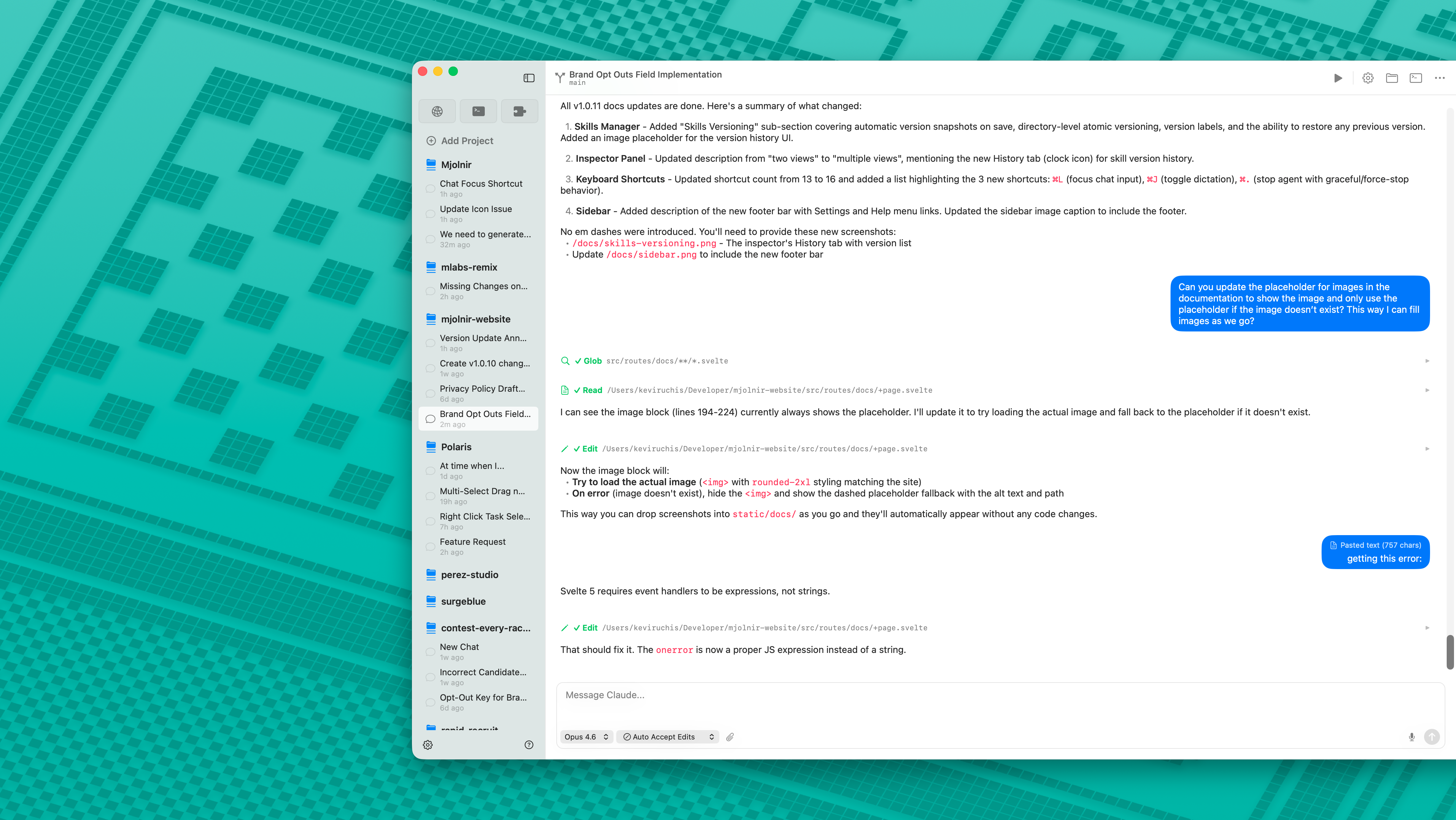 Projects sidebar with status indicators and footer bar